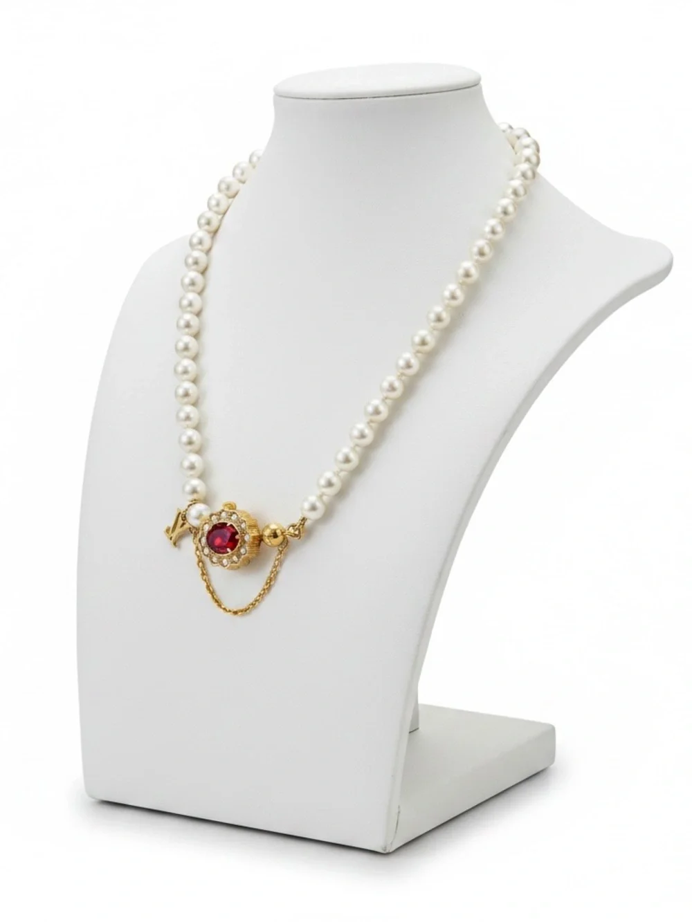Louis Vuitton Dynasty Faux Pearl Necklace with Gold and Red Centerpiece